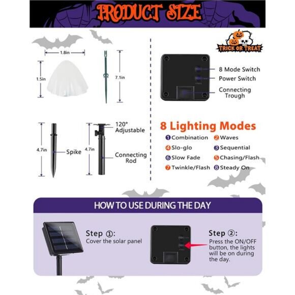 2PK 55FT 32LED Orange and Green Solar Mushroom Lights Outdoor, Solar String - Picture 6 of 7